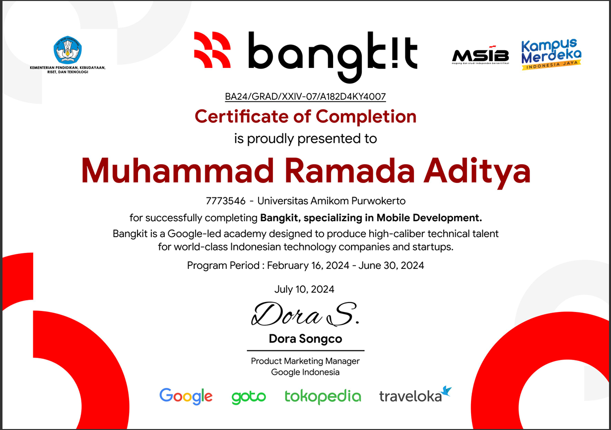 Pratinjau sertifikat Bangkit Academy 2024 - Android Development Path